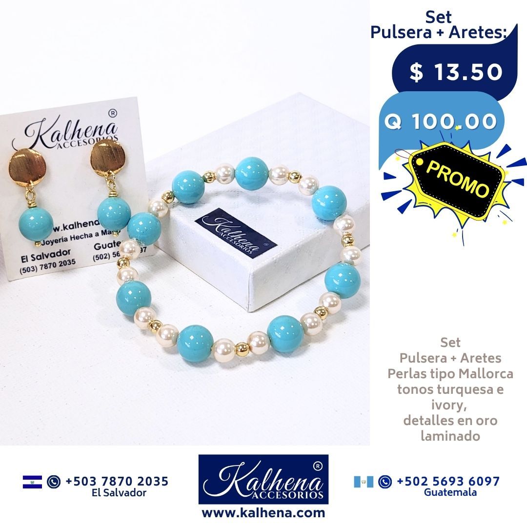 Pulsera perlas tipo Mallorca turquesa e ivory entre balines gold