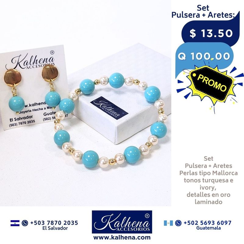 Pulsera perlas tipo Mallorca turquesa e ivory entre balines gold