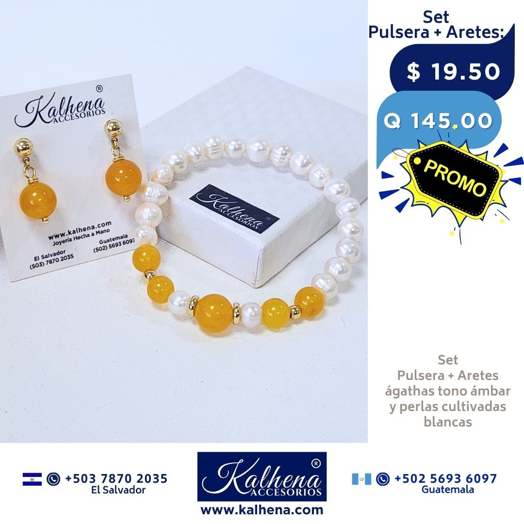 Promoción:  Pulsera y Aretes ágathas tono ámbar entre perlas y balines gold