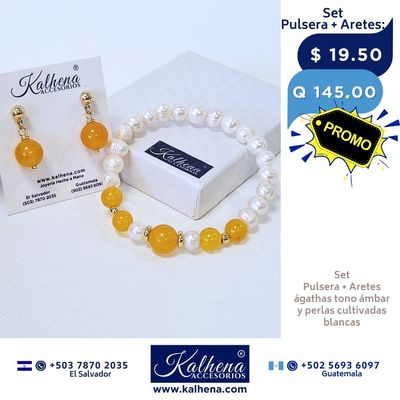 Promoción:  Pulsera y Aretes ágathas tono ámbar entre perlas y balines gold
