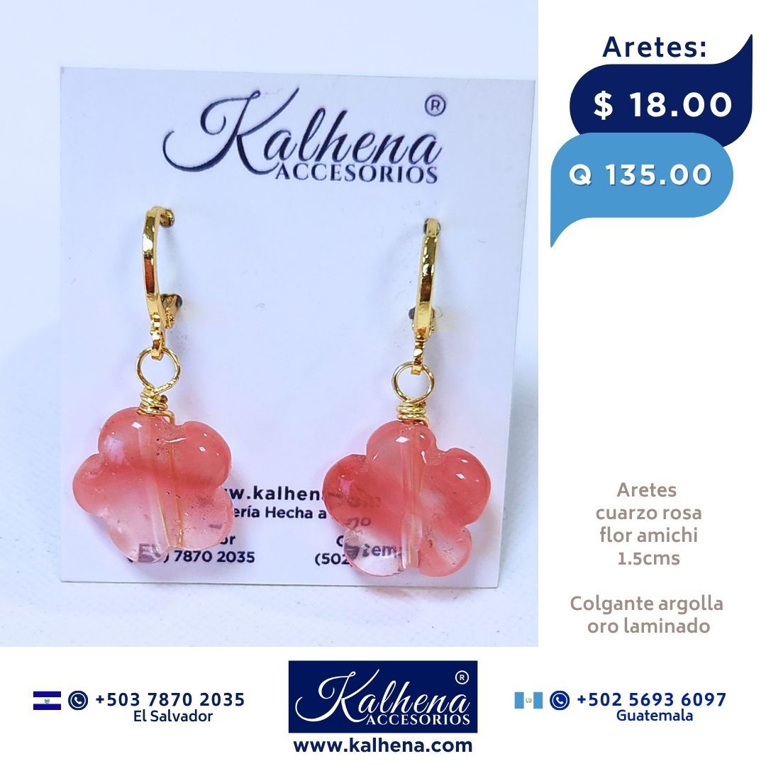 Aretes piedras cuarzo rosa Flor Amichi