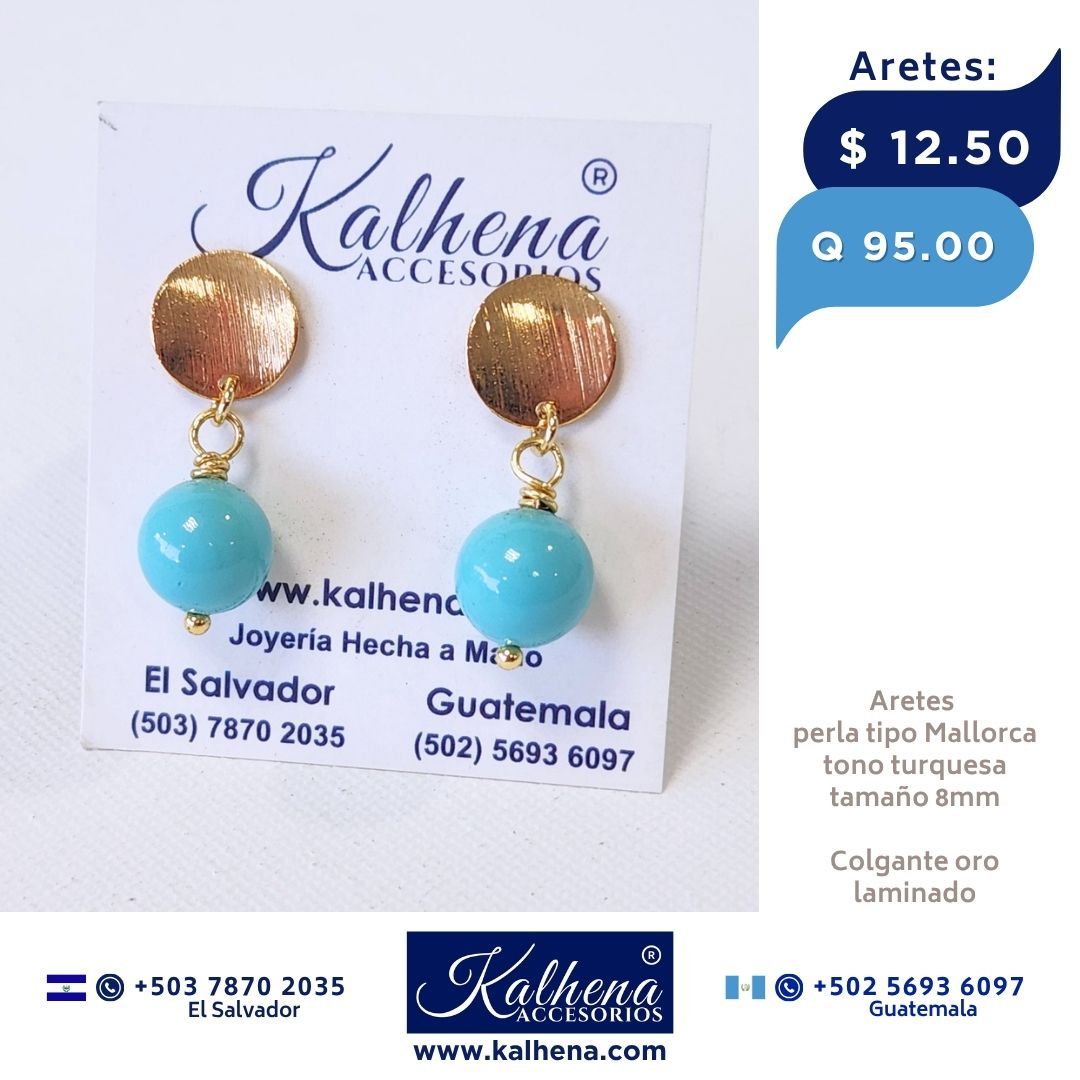 Aretes perla tipo Mallorca tono turquesa