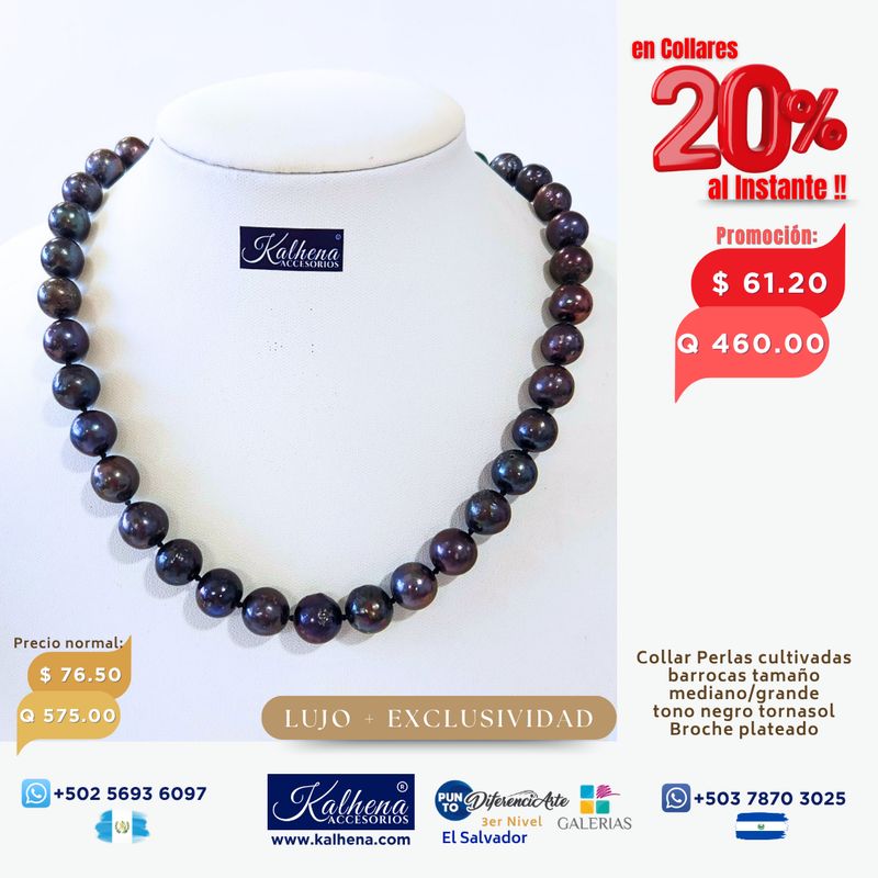 Collar perlas cultivadas grande mediana en negro tornasol