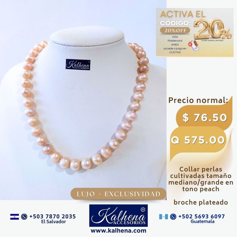 Collar perlas cultivadas grande mediana en rosa peach