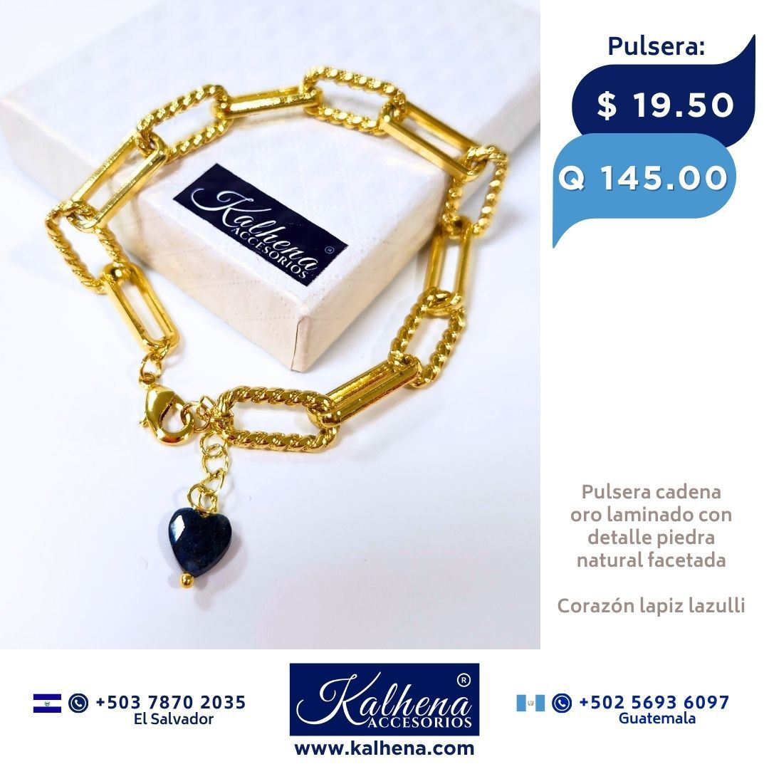 Pulsera en cadena eslabones oro laminado, detalle piedra corazón facetado lapis lazulli