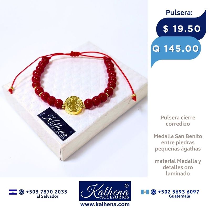 Pulsera Brazalete piedra pequeña ágathas rojas y Medalla San Benito en oro laminado