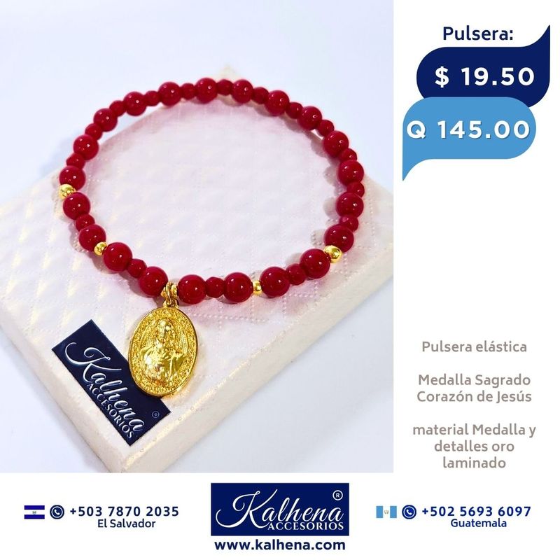 Pulsera elástica piedra pequeña ágathas rojas y Medalla Sagrado Corazón de Jesús