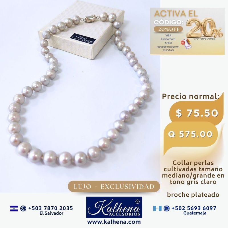 Collar perlas cultivadas grande mediana en gris claro