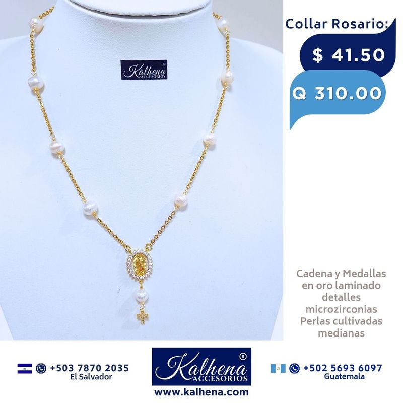 Rosario en cadena perlas cultivadas Medallas y cierres en oro laminado