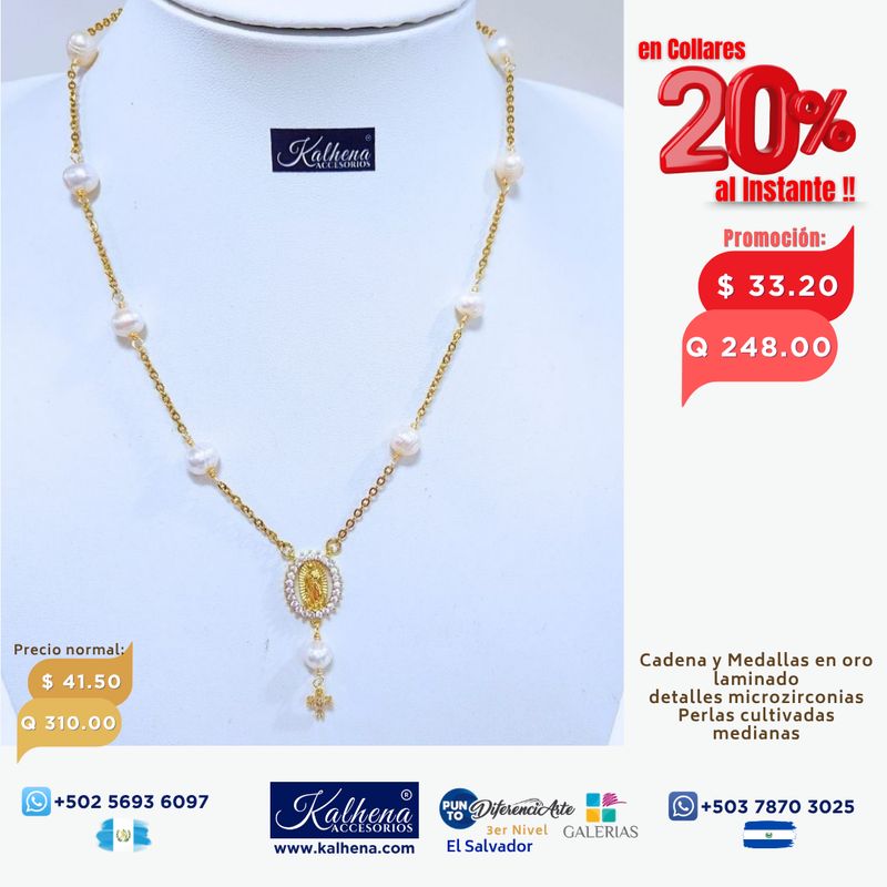 Rosario en cadena perlas cultivadas Medallas y cierres en oro laminado Rosario en cadena perlas cultivadas Medallas y cierres en oro laminado