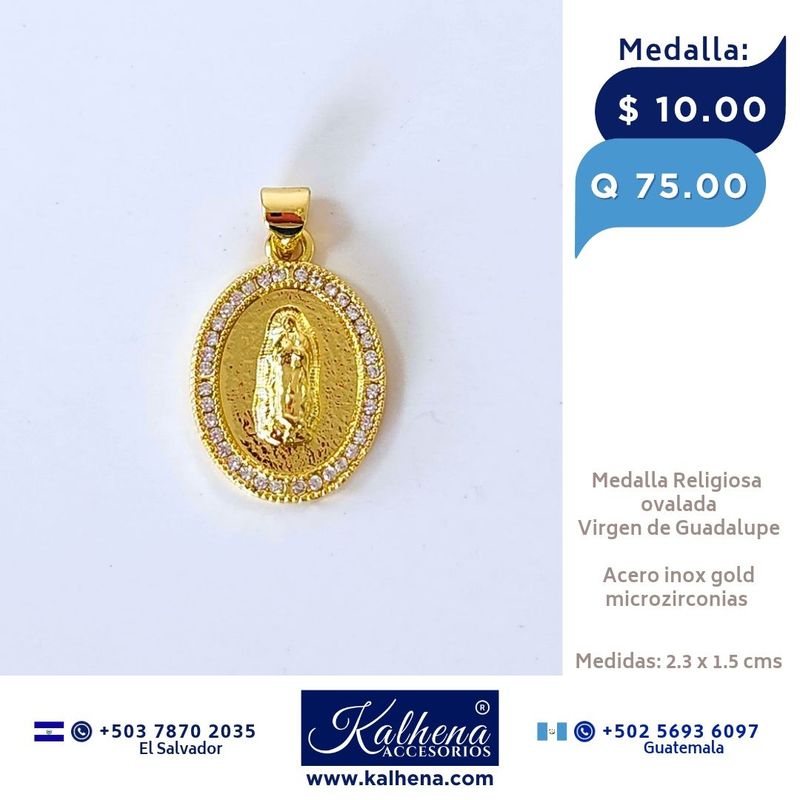 Medalla Religiosa Virgen de Guadalupe (ovalada) y microzirconias