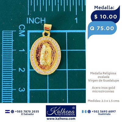 Medalla Religiosa Virgen de Guadalupe (ovalada) y microzirconias