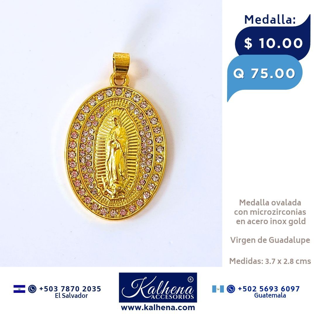 Medalla Religiosa Virgen de Guadalupe (ovalada grande) y microzirconias