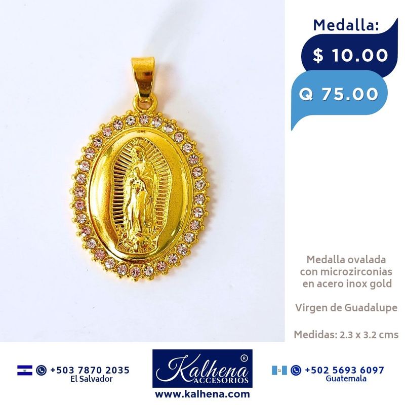 Medalla Religiosa Virgen de Guadalupe (ovalada grande) y microzirconias