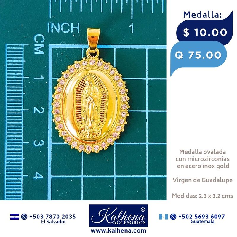Medalla Religiosa Virgen de Guadalupe (ovalada grande) y microzirconias