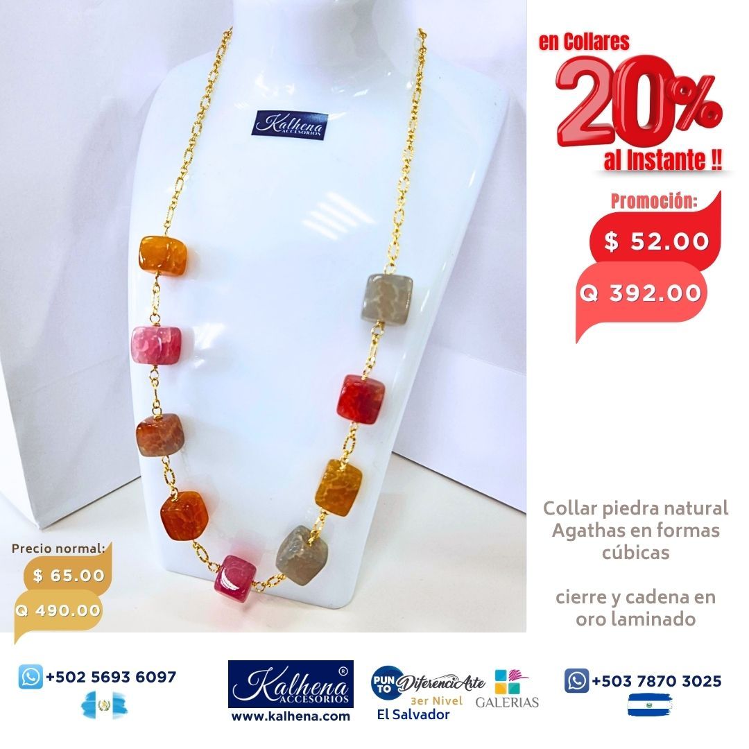 Collar Agathas piedra natural en formas cúbicas entre cadena