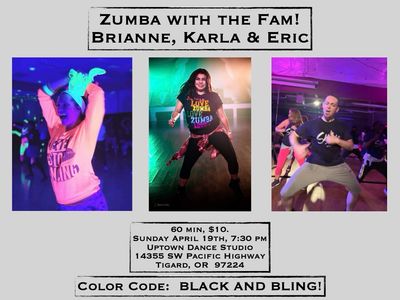 Zumba® with Brianne, Karla and Eric! Sunday April 19th 7:30 pm