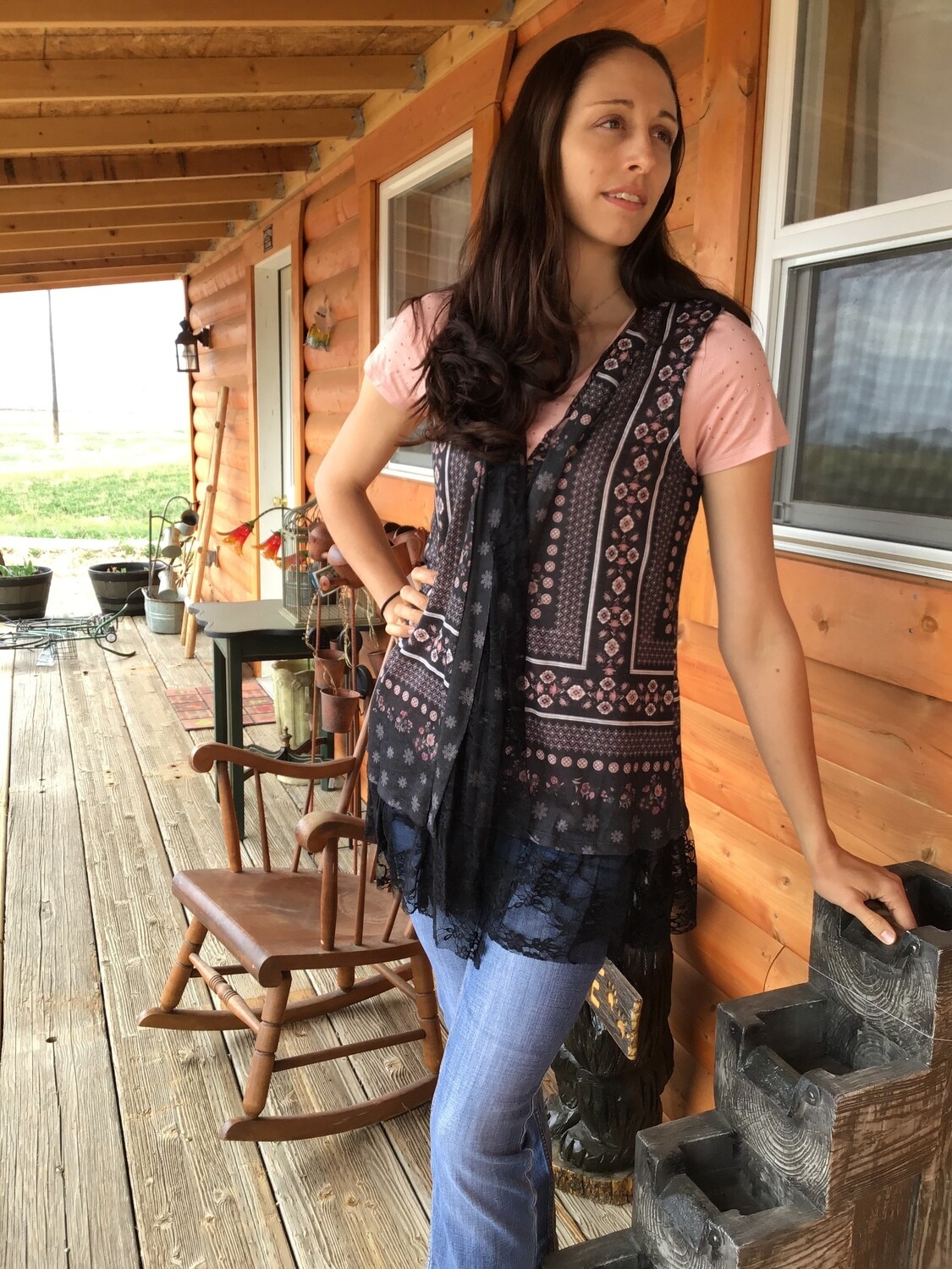 Black Print Vest with Lace