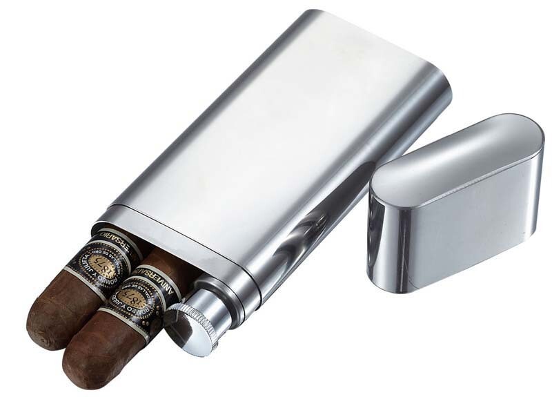 Visol Palencia Polished Stainless Steel 2 Finger Cigar Case with Flask