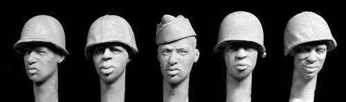 HORHUH10 5 heads, Black US soldiers 4 xM1 helmets, overseas cap. 1/35