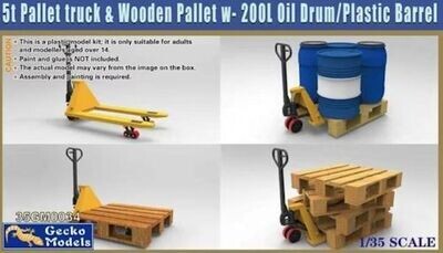 GM35034 5 t Pallet truck & wooden pallet w/ 200 l oil drum/plastic barrel 1/35