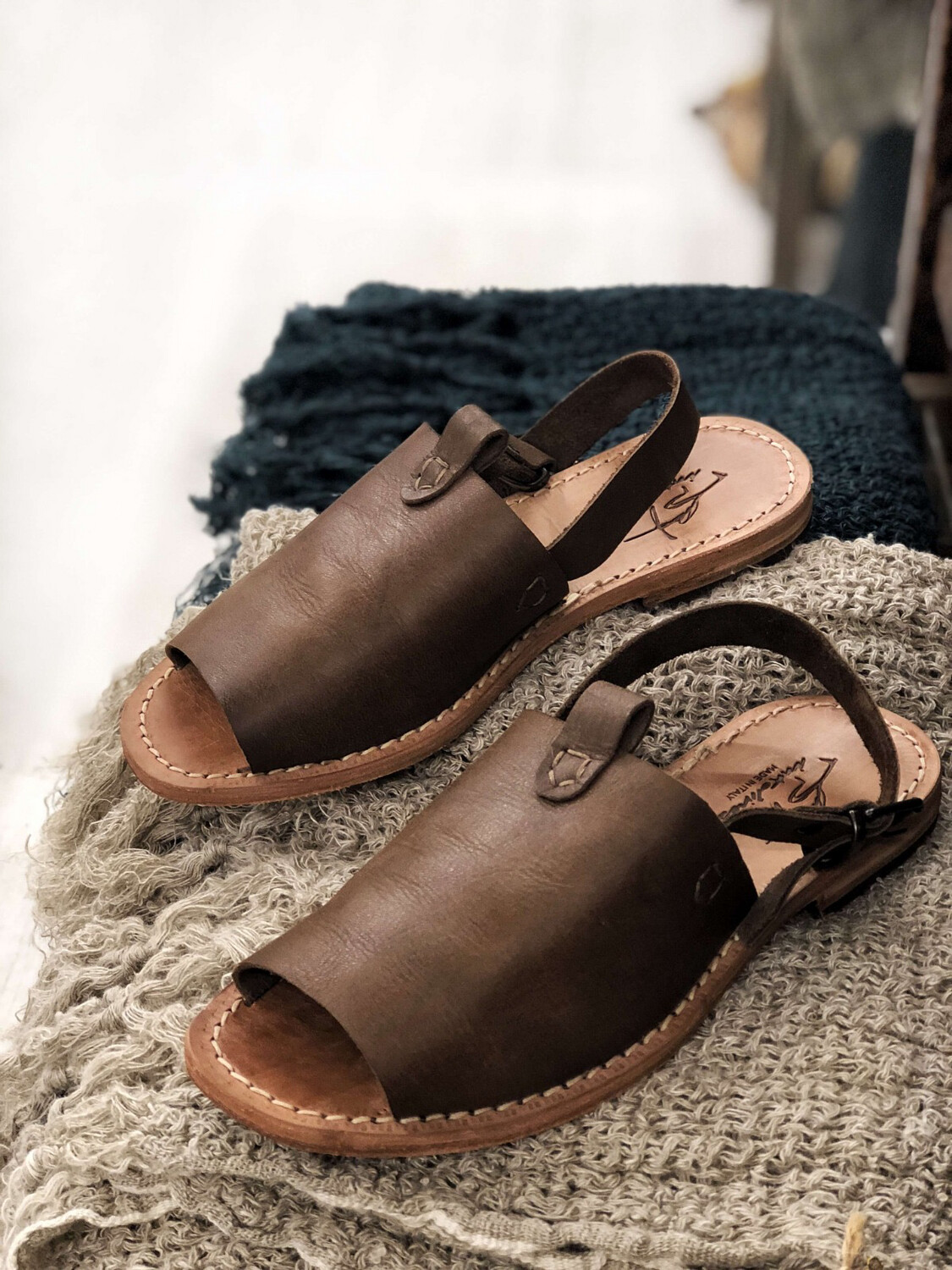 Ink Olives Gennarino Cacao Leather Sandals