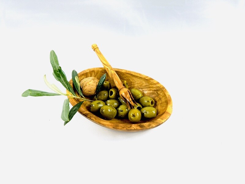 Coupelle à olives avec sont pique à olives en bois d&#39;olivier artisanale sans aucun traitement