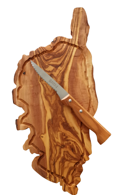 Pretty Corsican meat board in olive wood and handcrafted with Laguiole steak knife