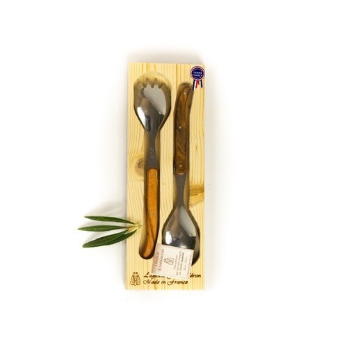 Coffret Couvert à salade &quot;Laguiole&quot; inox &amp; manche en bois d&#39;olivier