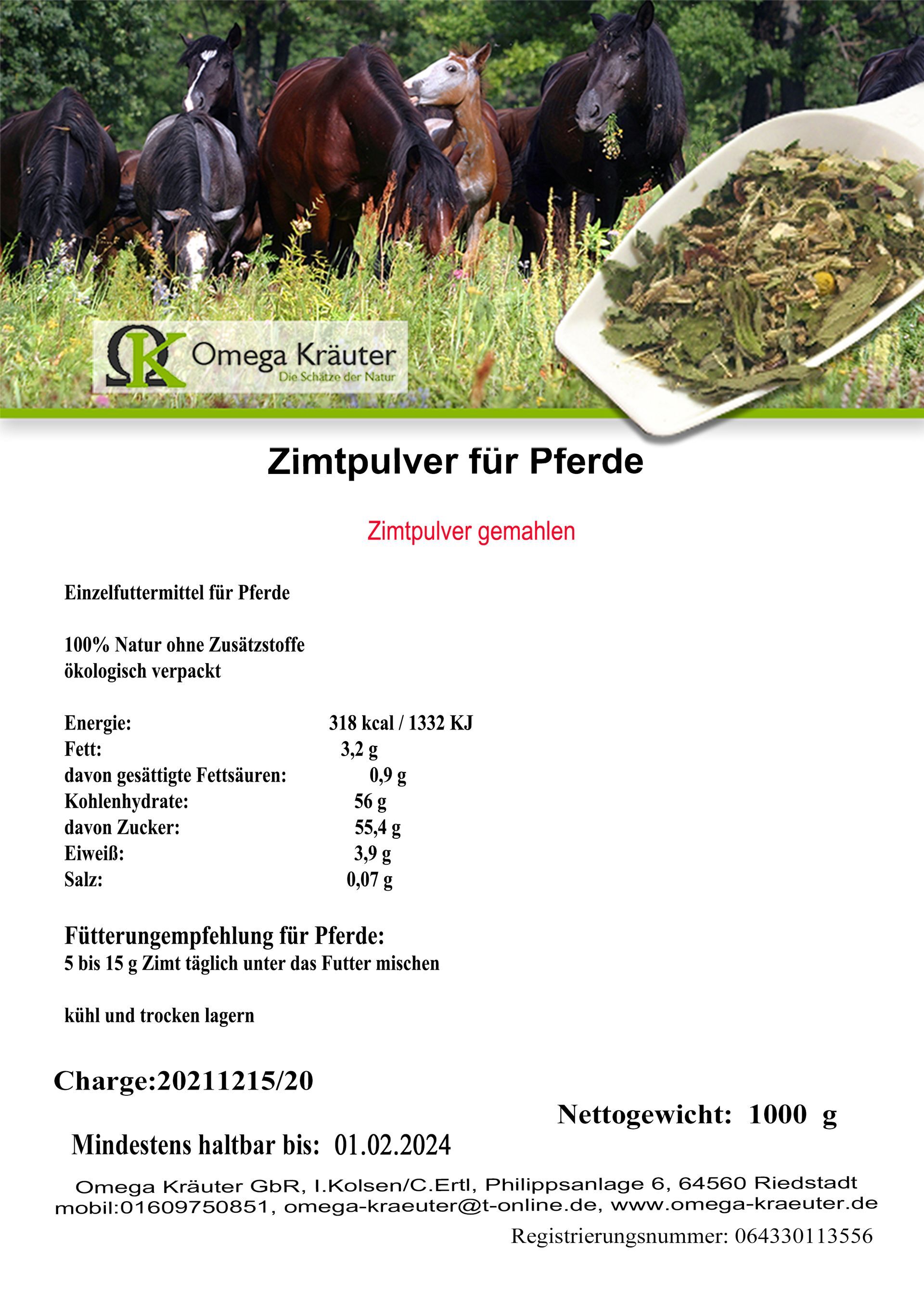 Zimtpulver (Canehl Ceylon )gemahlen für Pferde