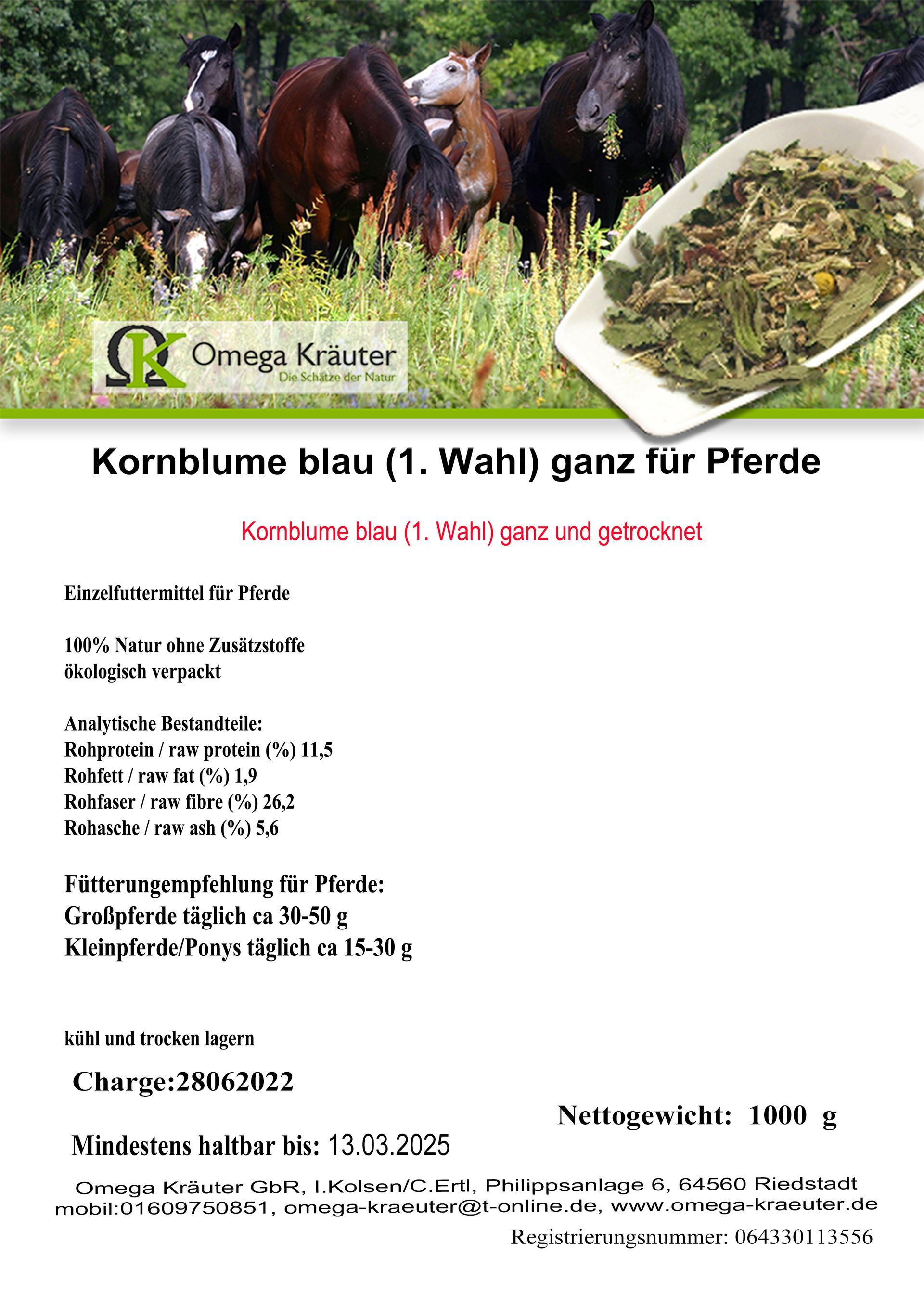 Kornblumenblüten blau (1. Wahl) ganz für Pferde