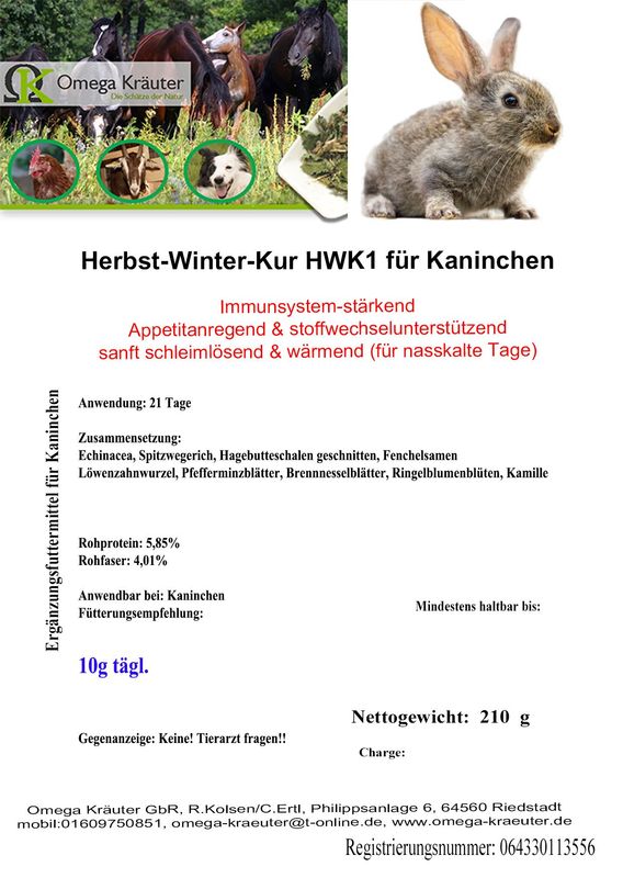 Herbst-Winter-Kur HWK1 für Kaninchen(gemahlen) Herbst-Winter-Kur HWK1 für Kaninchen(gemahlen)