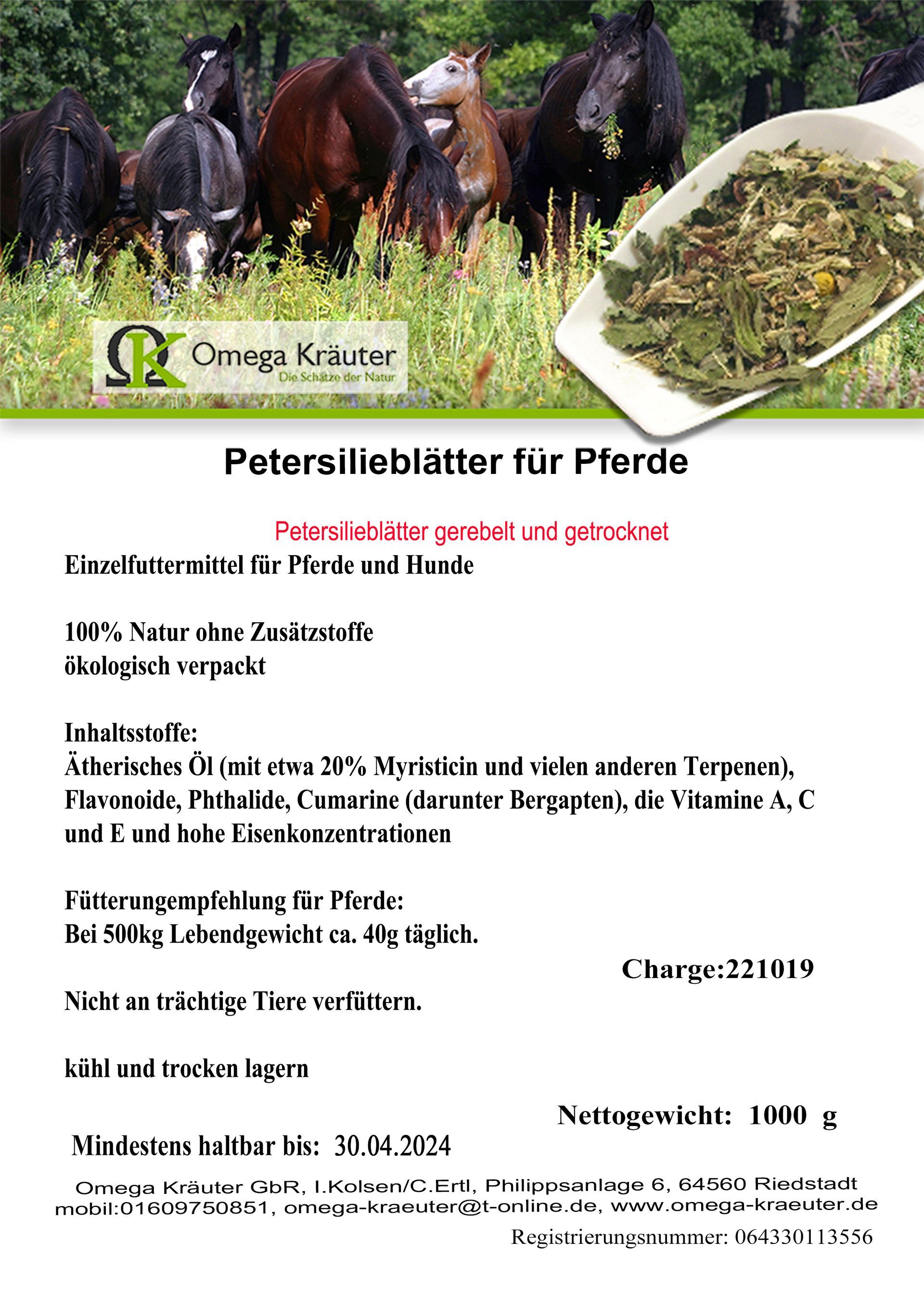 Petersilieblätter gerebelt für Pferde