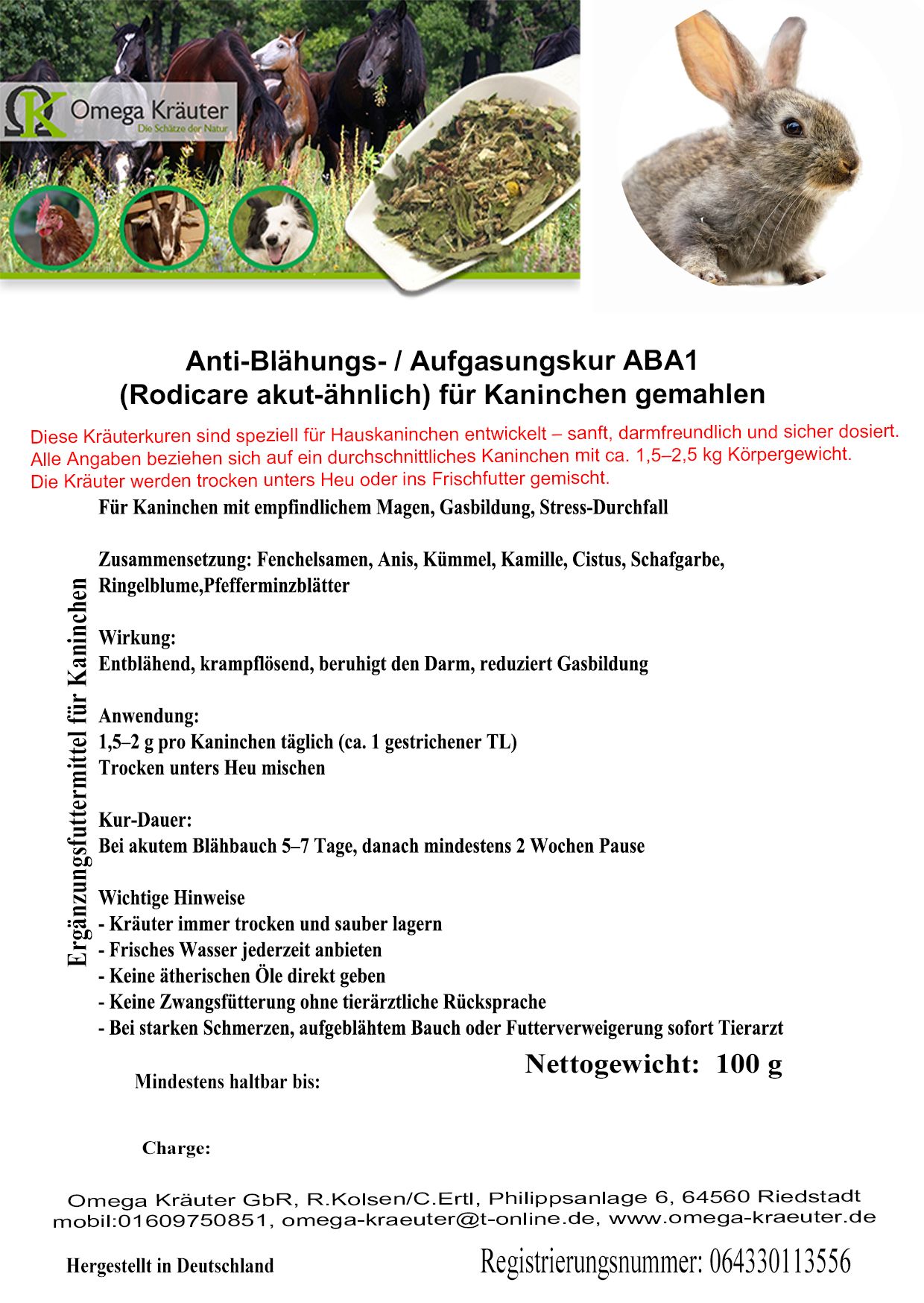 ABA1 Anti-Blähungs- / Aufgasungskur für Kaninchen gemahlen