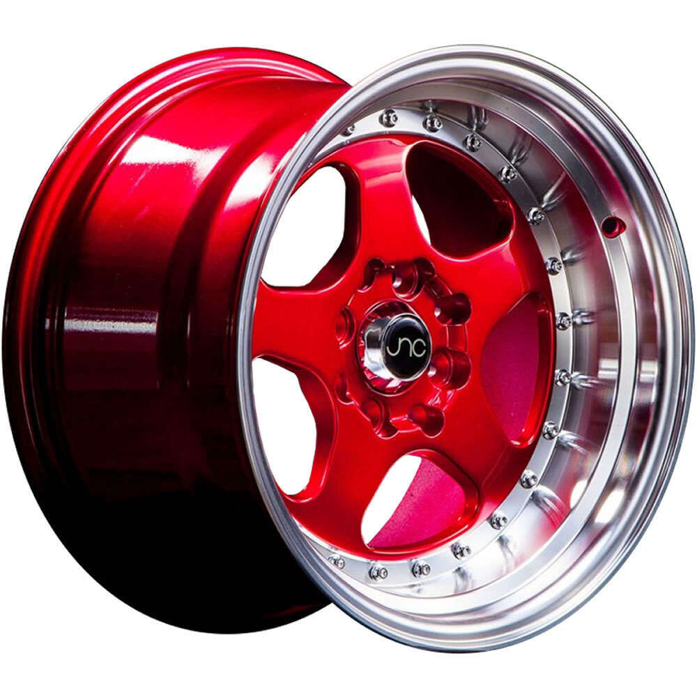 JNC010 16x8 4x100/4x114.3 +25 Candy Red Machine Lip Deep Dish Wheels