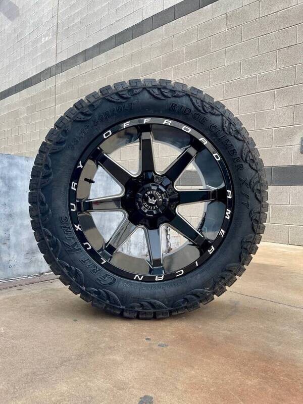 Wheel & Tire American Luxury 20x10 5X139.7/5x150 Gloss Black Milled Wheels & 33x12.50R20 Haida HD878 R/T Tires