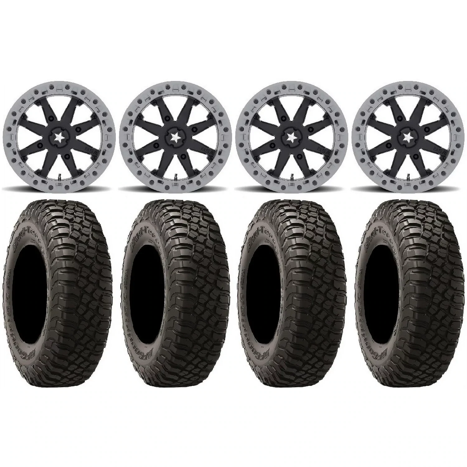 MSA Lok2 15X7 4x137 Beadlock Satin Black Wheels & 32x10-15 BF Goodrich Km3 Tires (mounted )