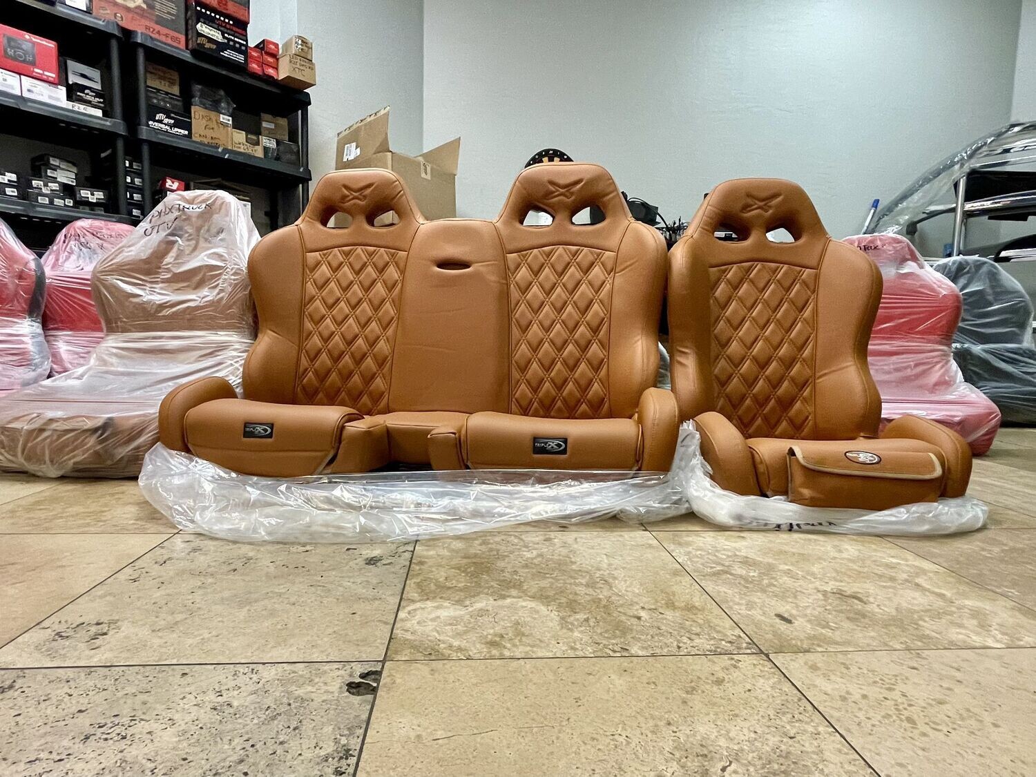 Triple X - Venom Style Front Bucket Seats & Rear Bench Saddle/Peanut Butter 17-23 Can-Am Maverick X3 4-Door.
