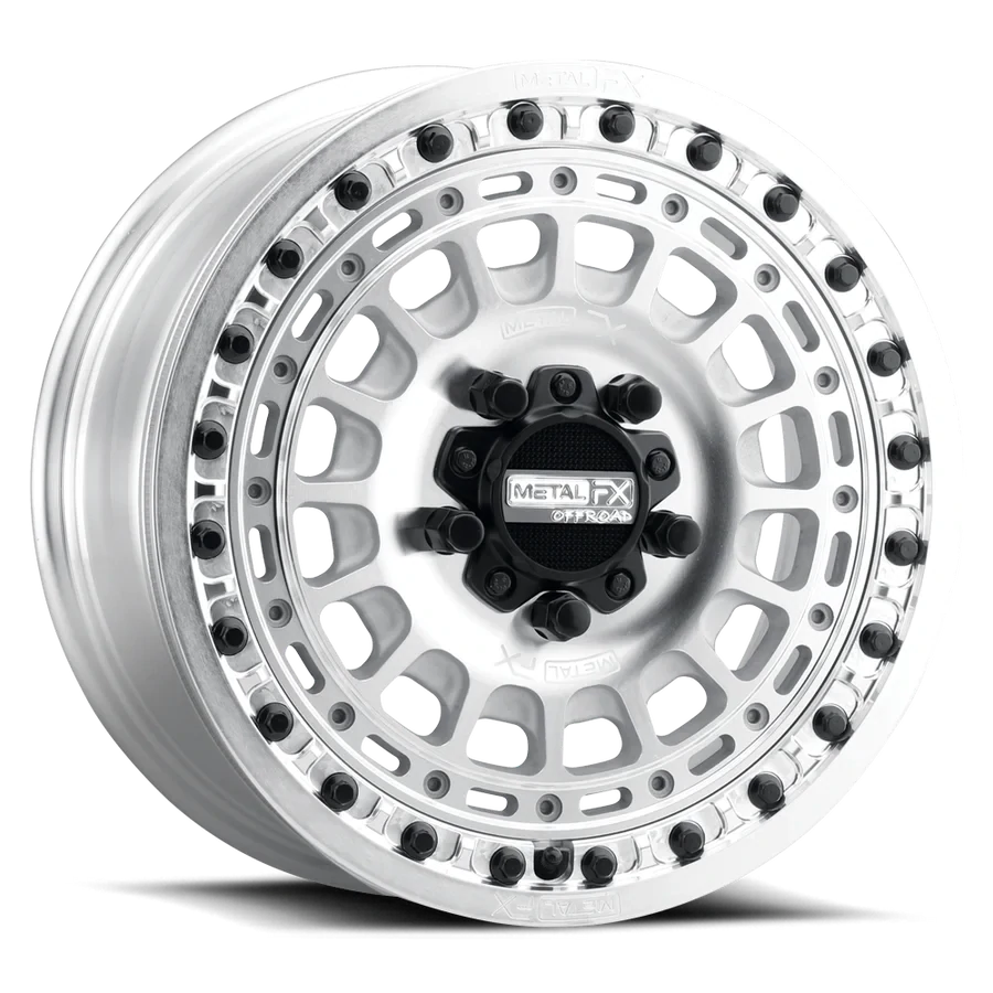 Metal FX Hitman R 15X7 5x114.3 Raw Machine Silver/Black Center Cap Beadlock Wheels