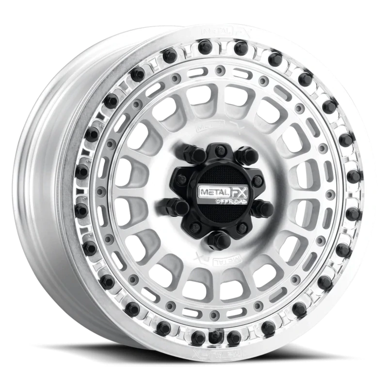 Metal FX Hitman R 15X7 5x114.3 Raw Machine Silver/Black Center Cap Beadlock Wheels