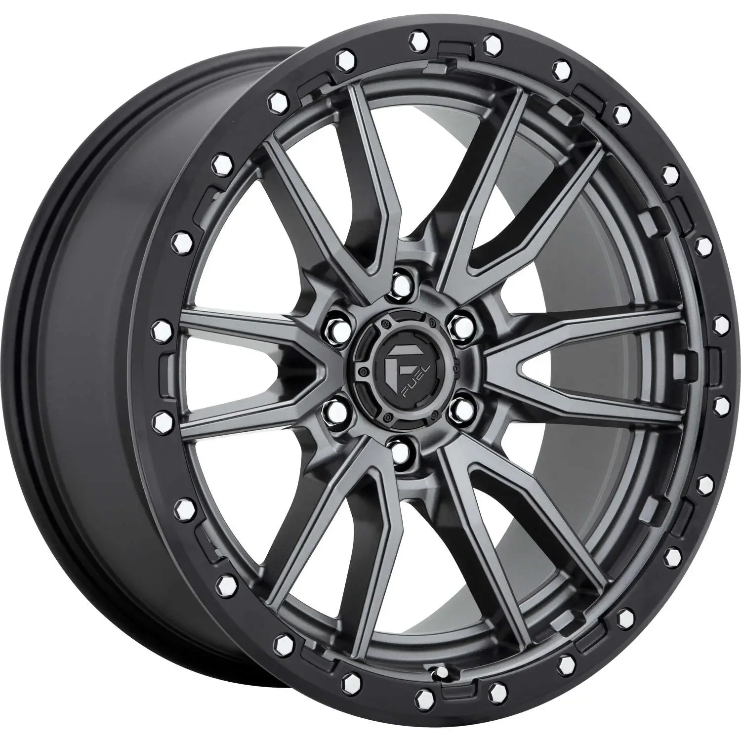 4-Fuel Rebel 20x10 6X135  -18mm Matte Gunmetal Gray W/Black Simulated Beadlock  Wheels
