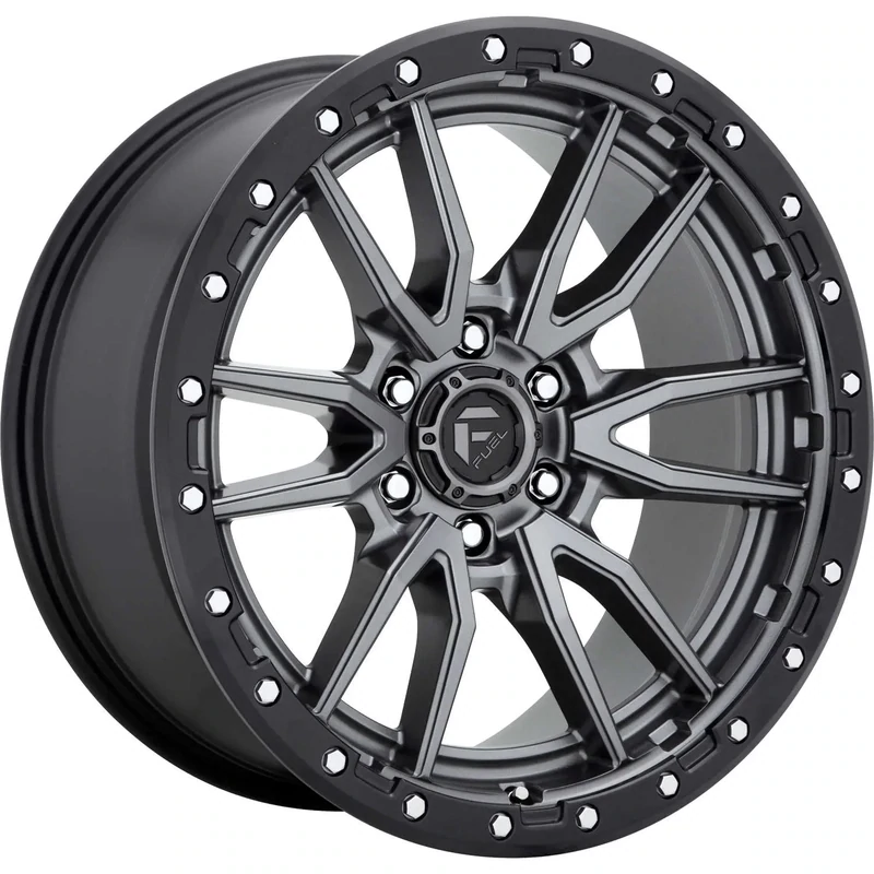 4-Fuel Rebel 20x10 6X135  -18mm Matte Gunmetal Gray W/Black Simulated Beadlock  Wheels