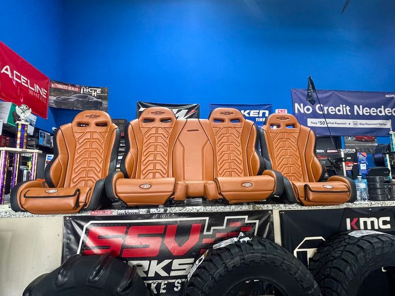 Triple X - Pro 2.0 Front Buckets Seats & 2.0 Rear Bench Saddle/Peanut Butter with Black 17-24 Can-Am Maverick X3 4-Door.