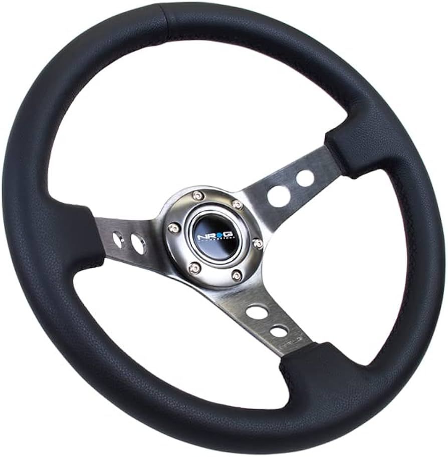 NRG Reinforced Steering Wheel (350mm / 3in. Deep) Blk Leather w/Gunmetal Circle Cutout Spokes