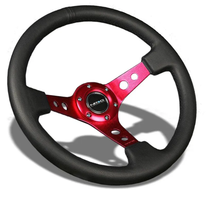 NRG Reinforced Steering Wheel (350mm / 3in. Deep) Blk Leather w/Red Circle Cutout Spokes