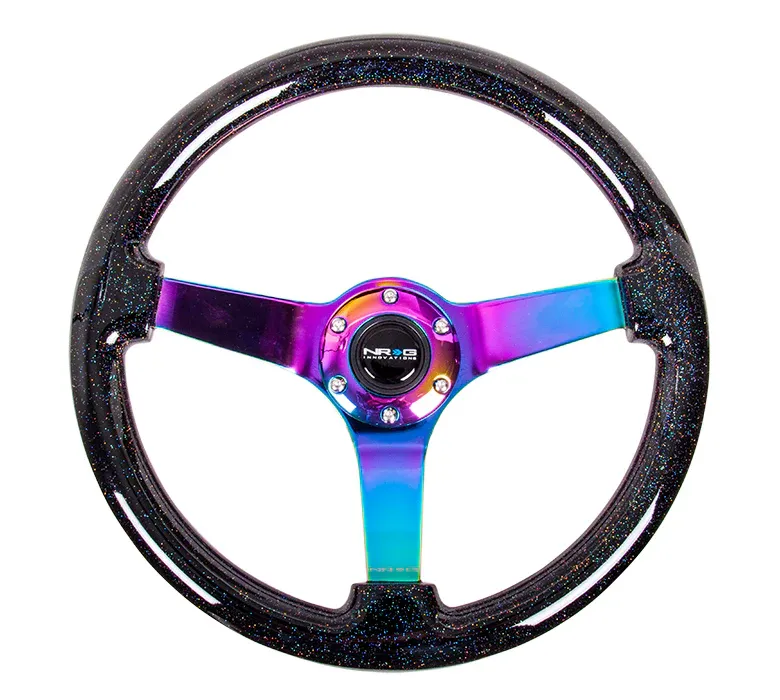 NRG Innovations Reinforced Steering Wheel - Classic Black Sparkled Wood Grain Wheel (3" Deep, 4mm), 350mm, 3 Solid Spoke Center in Neochrome
