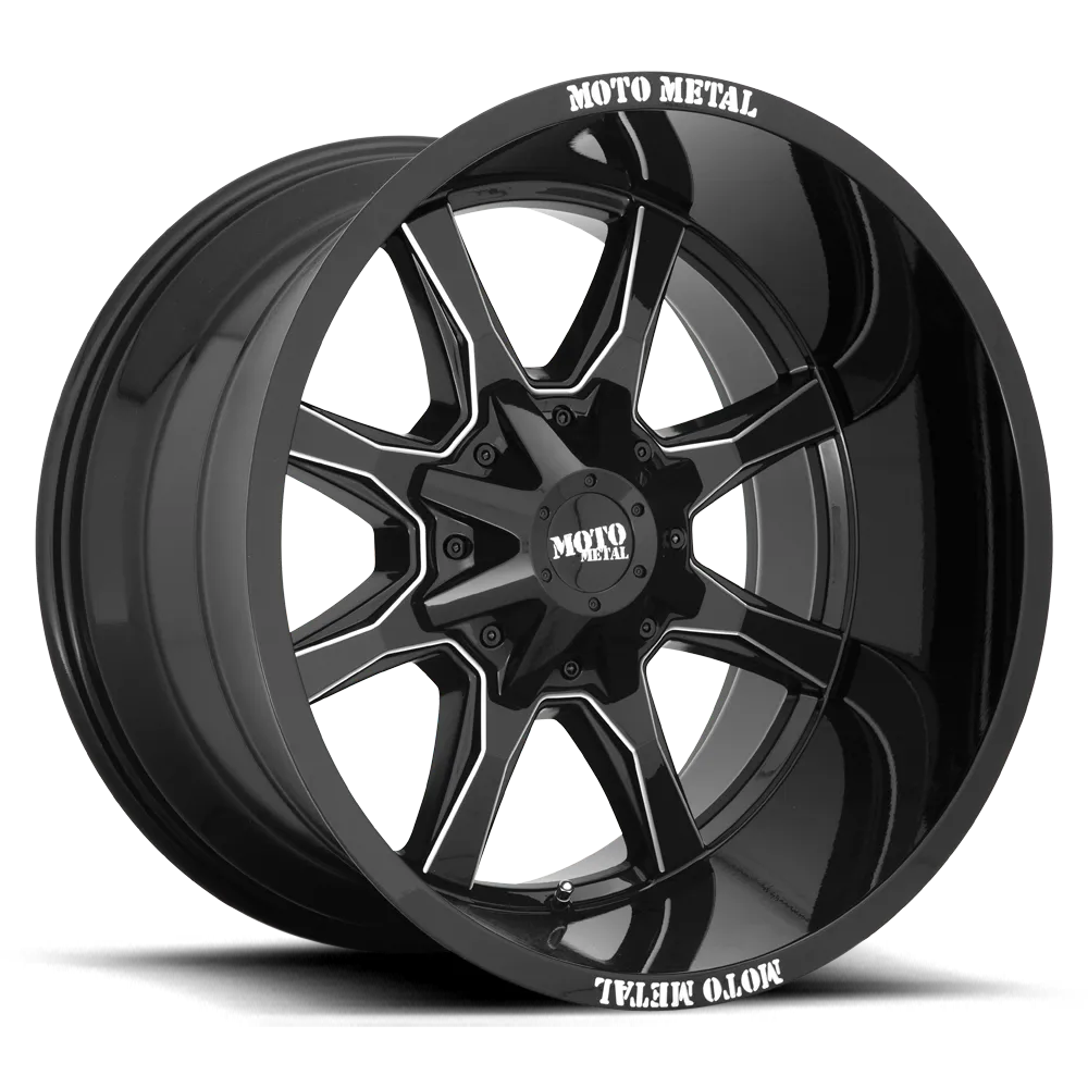 4-Moto Metal MO970 20X10 8X6.5 8X165.1 -18mm Gloss Black W/Milled Spoke Lip Wheels