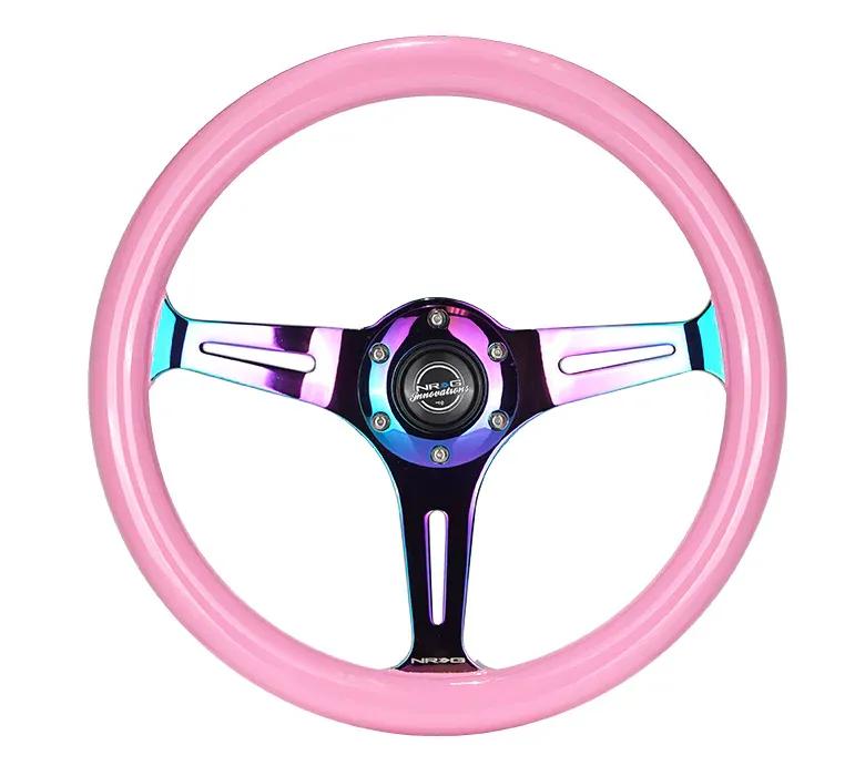 NRG Innovations 350mm 1.5" Deep Dish Wood Grain Neochrome Spokes- Solid Pink Painted Grip Steering Wheel