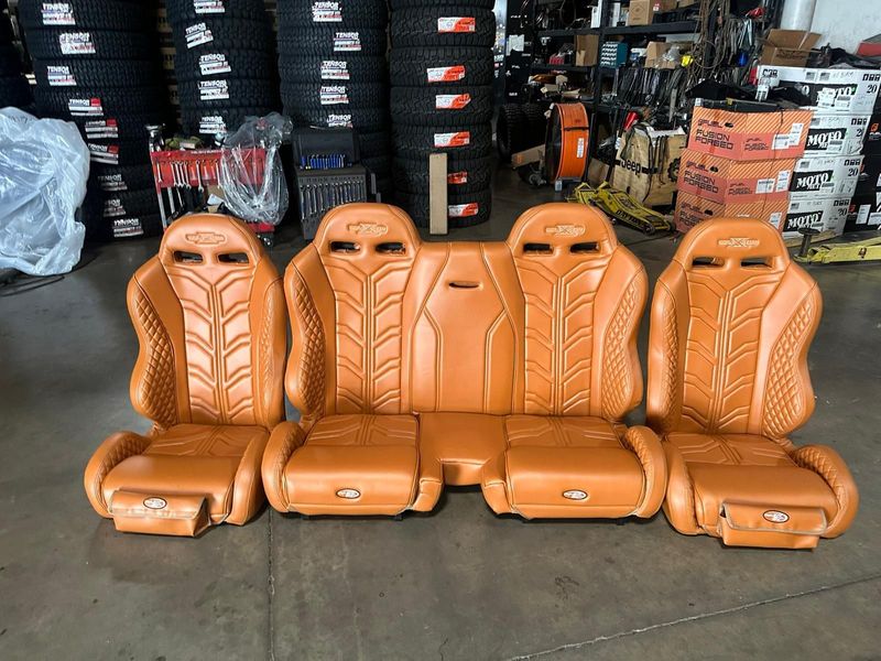 Triple X - 2.0 Premium Front Bucket Seats & Rear Bench Saddle/Peanut Butter 17-25 Can-Am Maverick X3 4-Door.