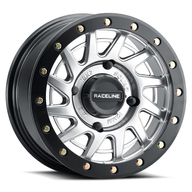 4-Raceline UTV A12SB Squad Beadlock 15x7 4X136 4x137 10mm Hyper Silver W/Black Ring Wheels